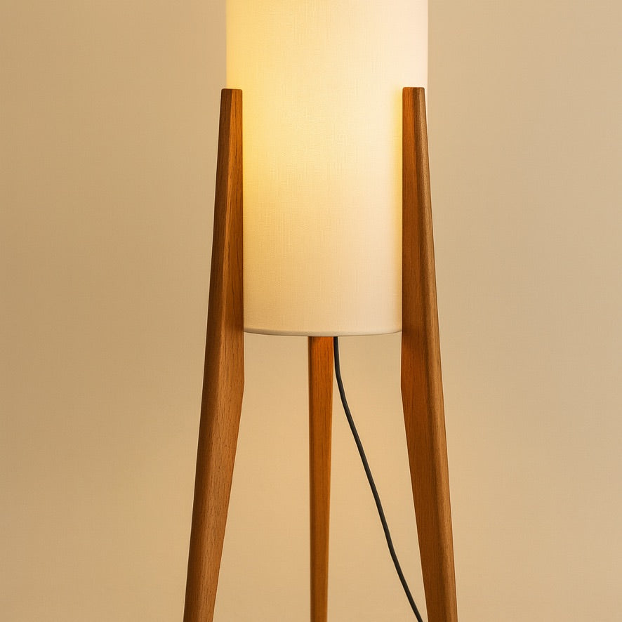 Nordic Wooden Tripod Floor Lamp – Minimalist Cylindrical Light