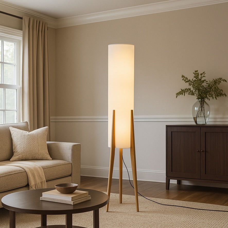 Nordic Wooden Tripod Floor Lamp – Minimalist Cylindrical Light