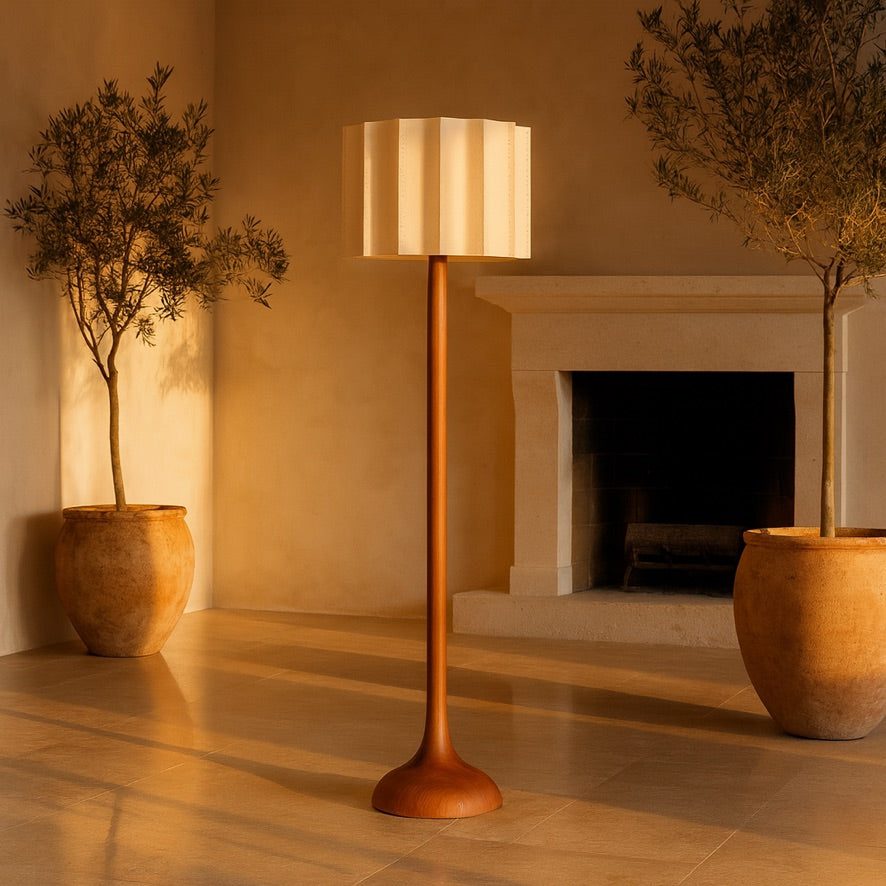 Nordic Wooden Floor Lamp – Sculptural Design with Pleated Shade