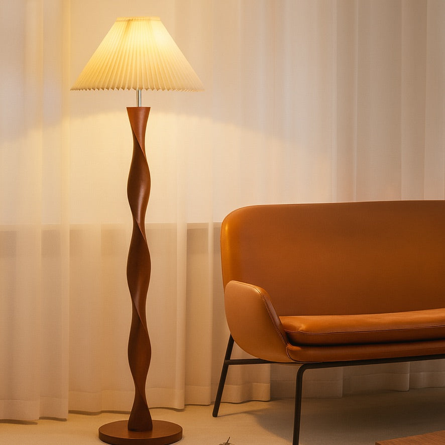 Japanese Walnut Twist Floor Lamp – Sculptural Wooden Design