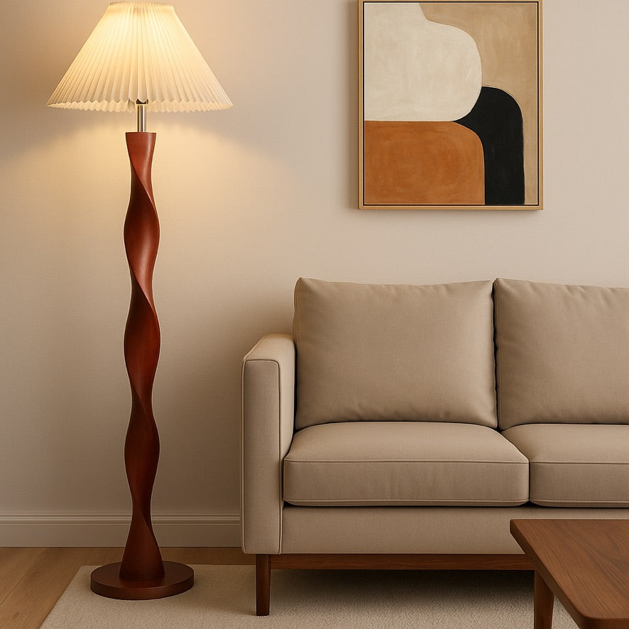 Japanese Walnut Twist Floor Lamp – Sculptural Wooden Design