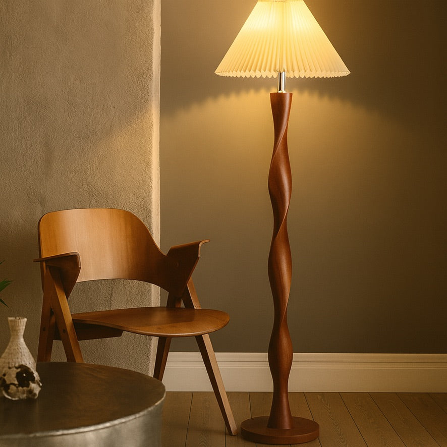 Japanese Walnut Twist Floor Lamp – Sculptural Wooden Design