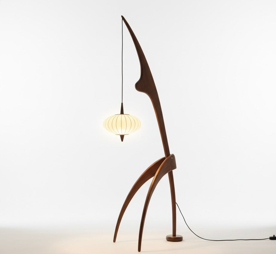 Nordic Crane Floor Lamp – Walnut Lantern Design