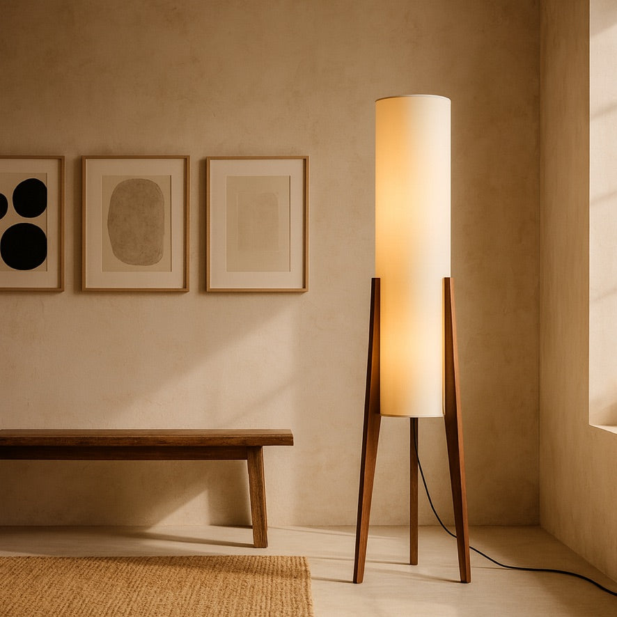 Nordic Wooden Tripod Floor Lamp – Minimalist Cylindrical Light
