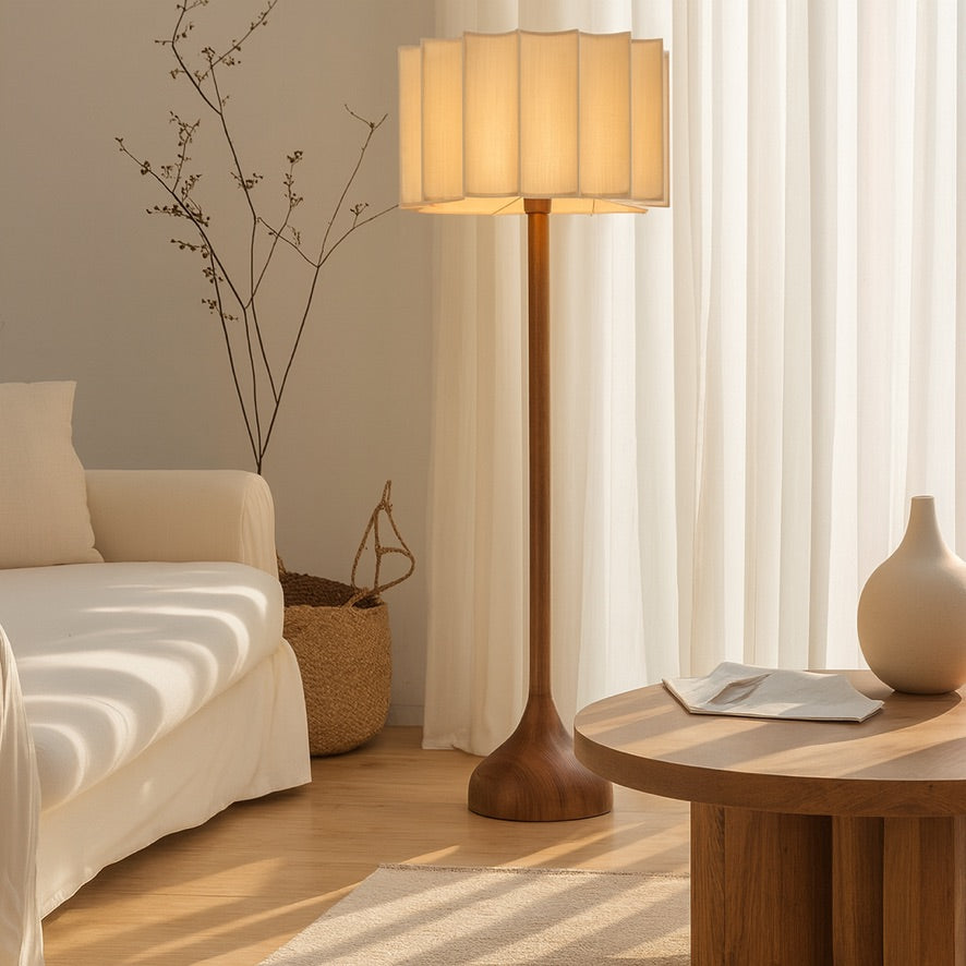 Nordic Wooden Floor Lamp – Sculptural Design with Pleated Shade