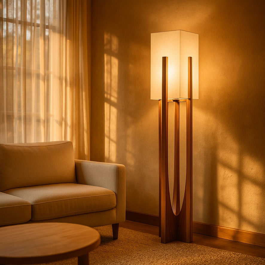 Nordic Wooden Tower Floor Lamp – Minimalist Architectural Design