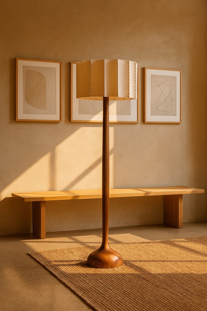 Nordic Wooden Floor Lamp – Sculptural Design with Pleated Shade