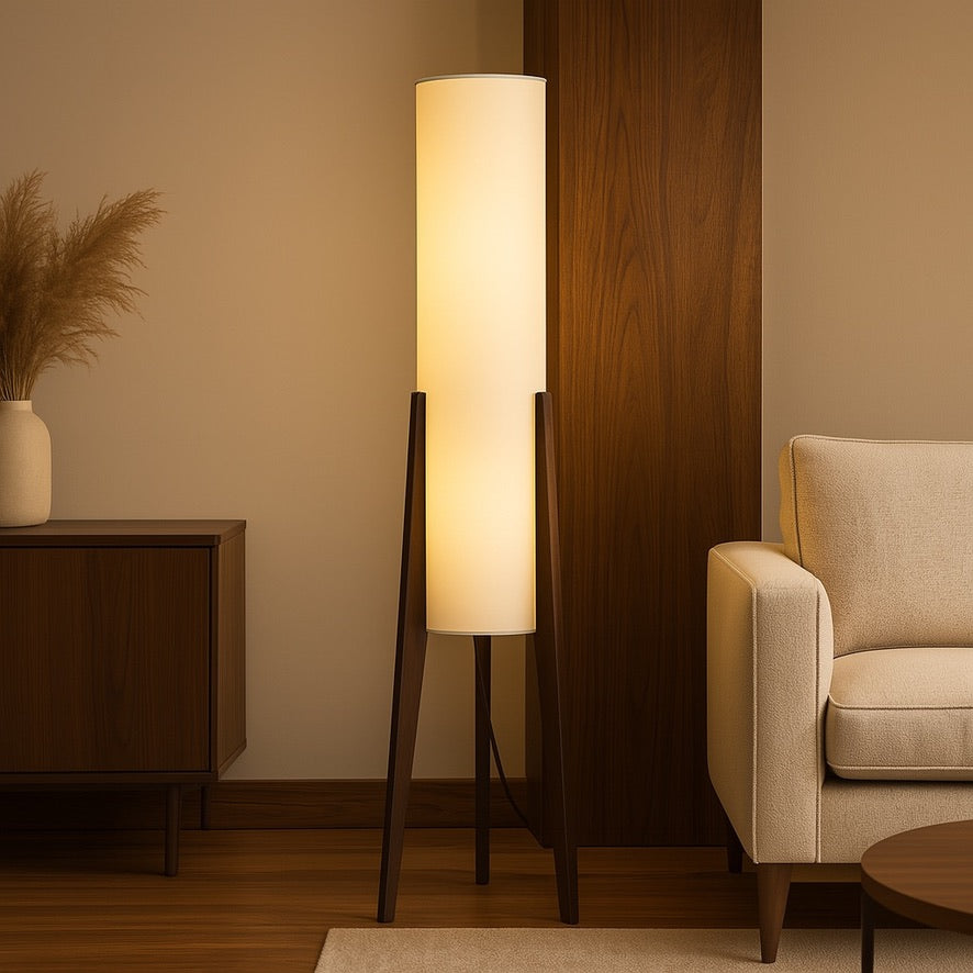 Nordic Wooden Tripod Floor Lamp – Minimalist Cylindrical Light