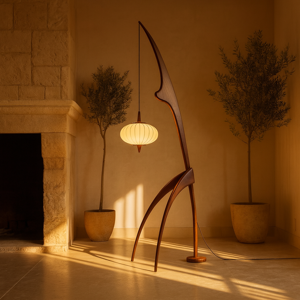 Nordic Crane Floor Lamp – Walnut Lantern Design