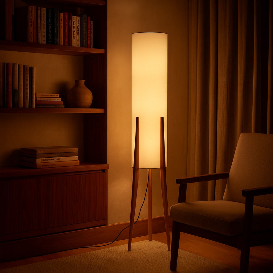 Nordic Wooden Tripod Floor Lamp – Minimalist Cylindrical Light