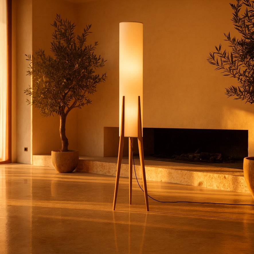 Nordic Wooden Tripod Floor Lamp – Minimalist Cylindrical Light