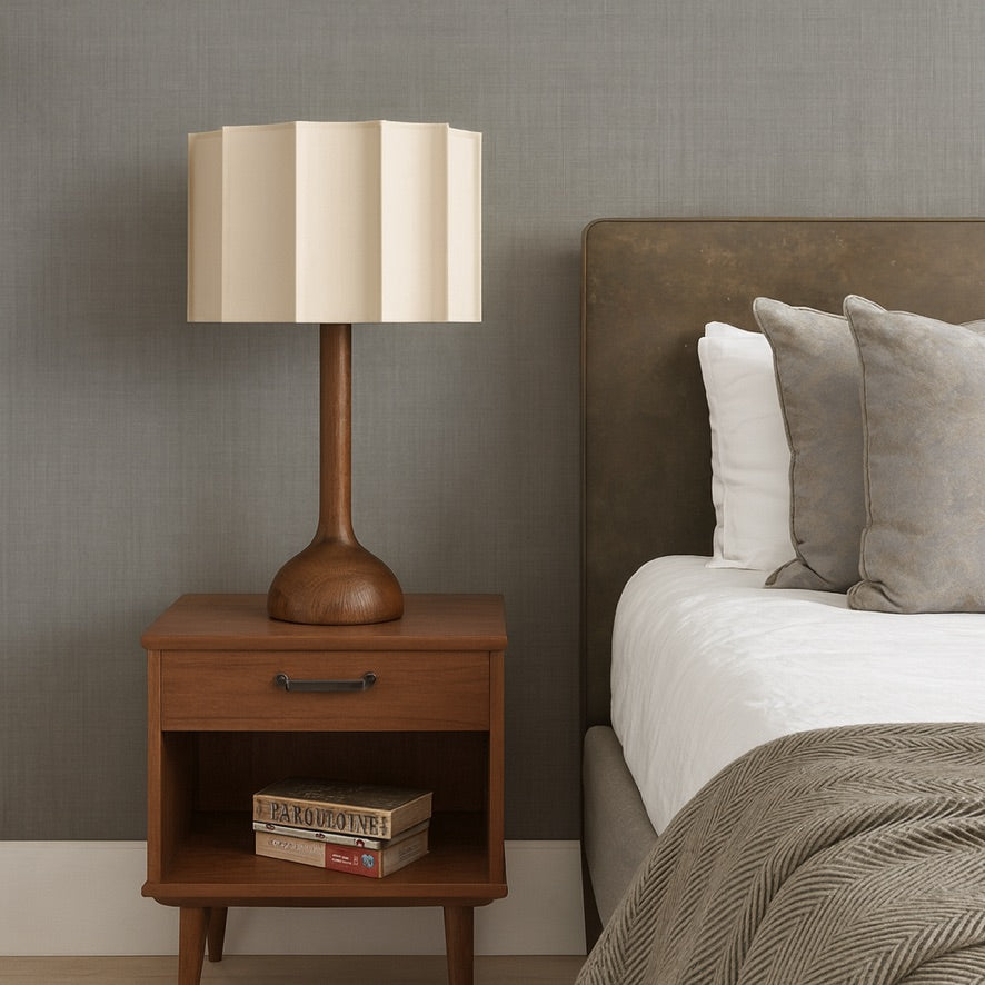 Nordic Wooden Table Lamp – Pleated Fabric Shade Design